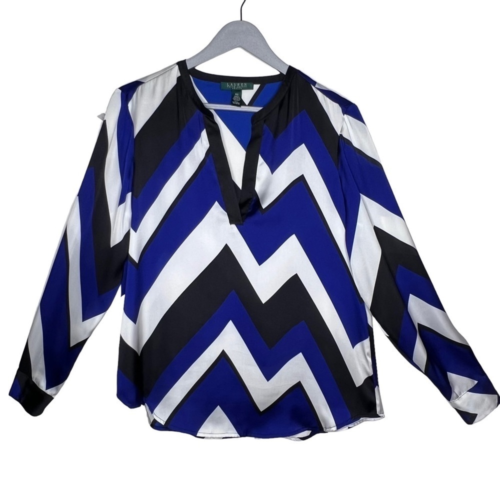 Lauren Ralph Lauren Retro Chevron Print Blouse Size PM Cobalt Blue Black White